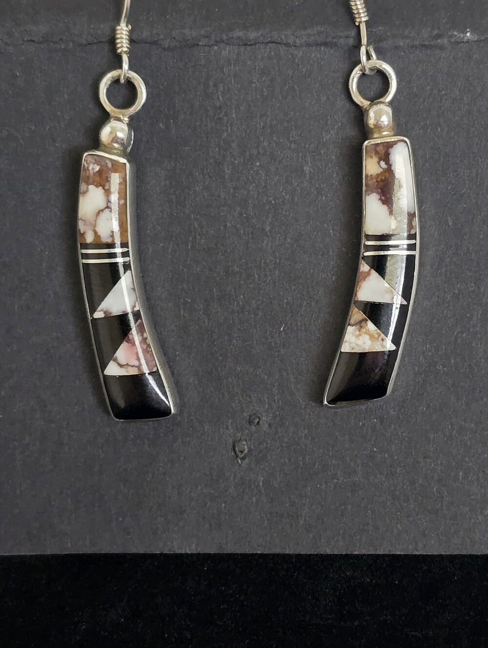 Vtg Native American Sterling Silver Onyx and Wildhorse Jasper Hook Earrings .88"